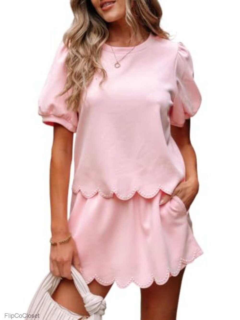 Women 2 Piece Skort Set Scalloped Shorts Dressy Comfy Summer Puff Sleeve Pearl
